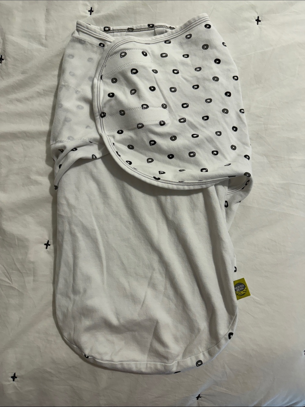 Nested Bean Weighted White Swaddle with Black Dot Print